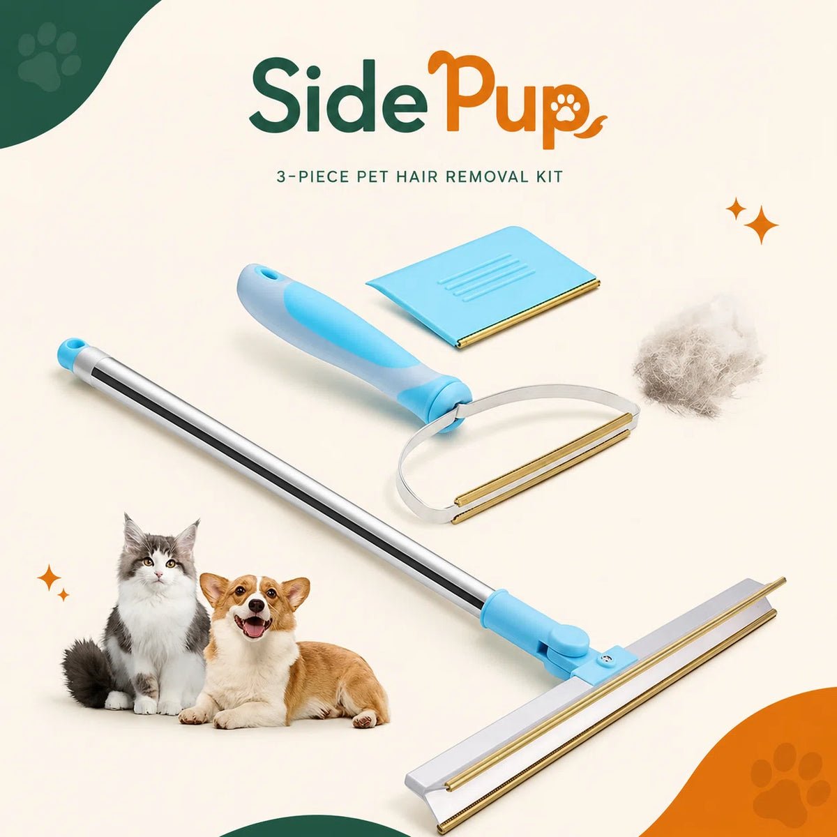 SidePup™ 3-Piece Pet Hair Removal Rake Kit