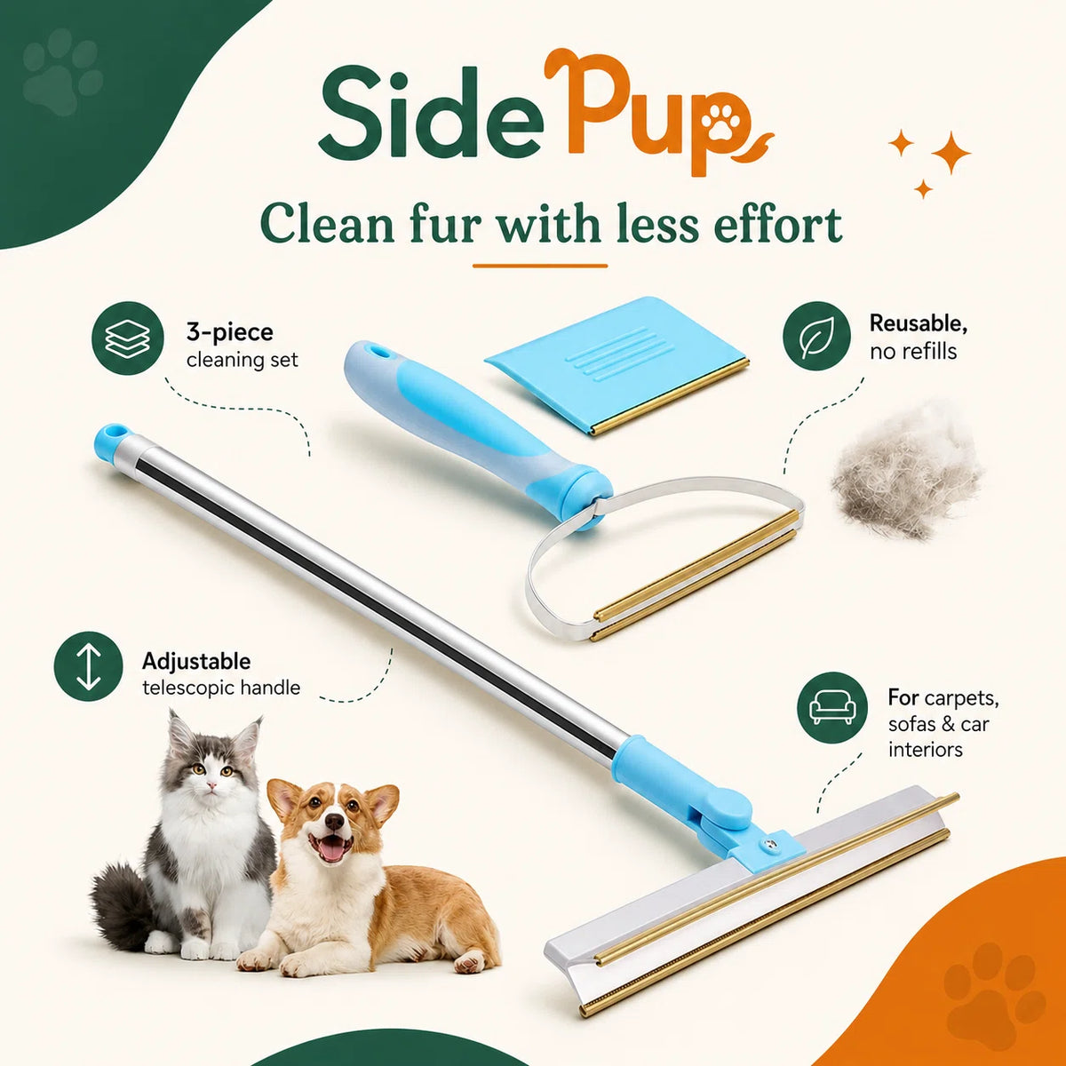 SidePup™ 3-Piece Pet Hair Removal Rake Kit