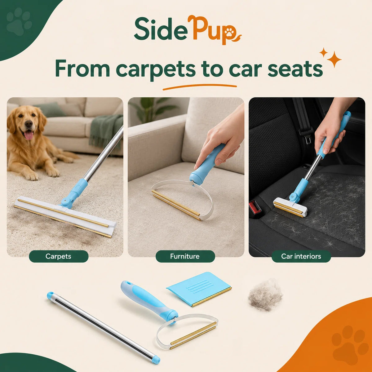 SidePup™ 3-Piece Pet Hair Removal Rake Kit
